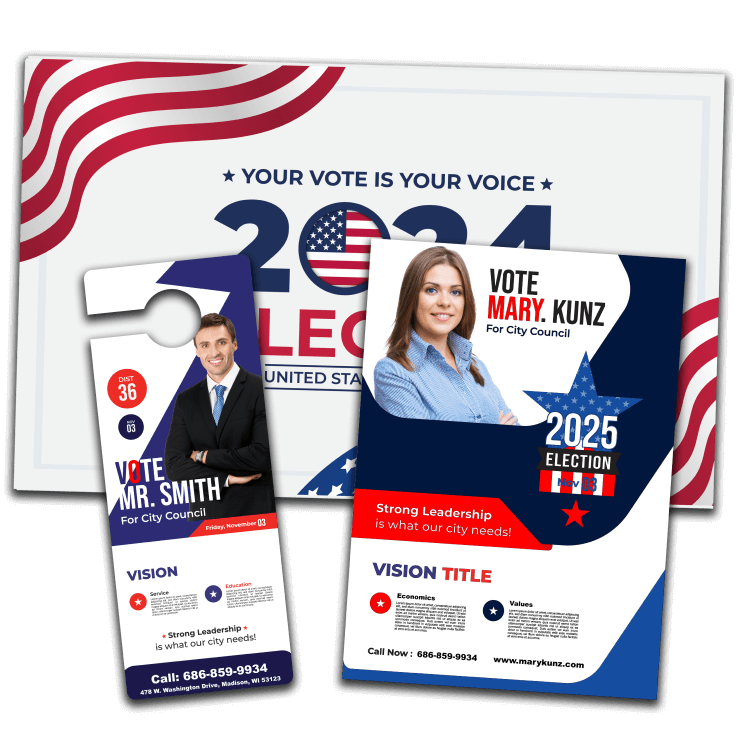 Campaign flyers for two city council candidates, Mary Kunz and Mr. Smith, with election details and slogans, in a patriotic red, white, and blue color scheme.